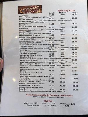 Specialty pizza menu