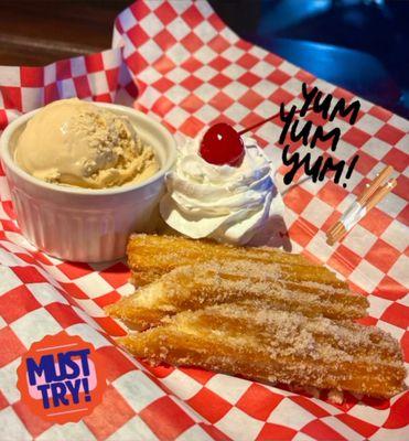 Churro desert with salted caramel ice cream.