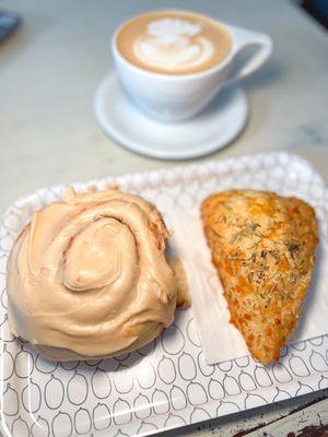 Cinnamon roll + rosemary cheddar scone