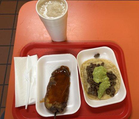 Chile rellenos, burnt Carne asada burrito and horchata