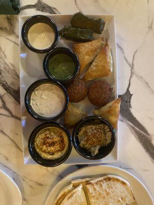 Sampler Platter with stuffed grape leaves, falafel, spanakopita, samosa,  hummus, baba ghanoush,  tzatziki, tahini, and a yummy chutney