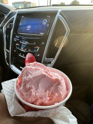 Strawberry ice cream in a small cup