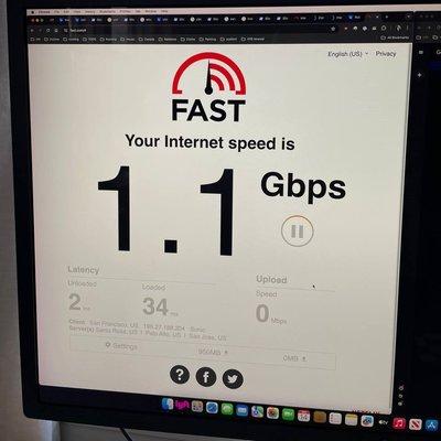 Customer sharing network speed test which connected via LAN cable from basement to 3rd floor office desk computer, installed by our team.