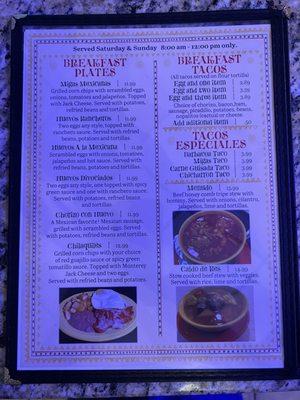 New breakfast menu for Saturday and Sunday.