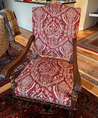 Reupholstered chair - work done by Sparkle Upholstery, Alexandria, VA., Won J. Kim, owner.