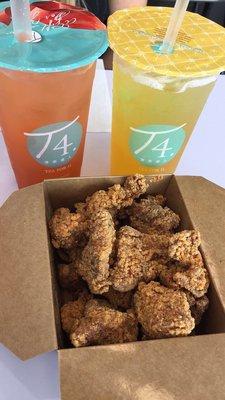 Grapefruit royal tea, honey peach royal tea, and popcorn chicken!