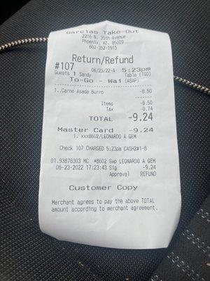 Photo of my refund after waiting over 22 minutes being the only person in the drive-through to get a simple burrito.