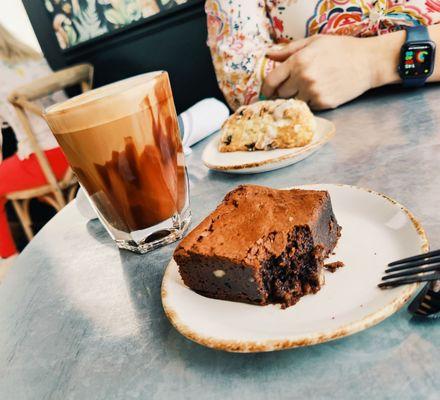 Brownie, iced mocha and scone