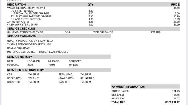 $210 oil change + $145 bill for a mistake they made= $355 oil change