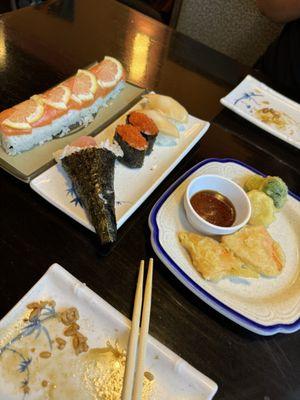 Vegetable Tempura, Sunset Roll, Tobiko Nigiri, Yellowtail Nigiri