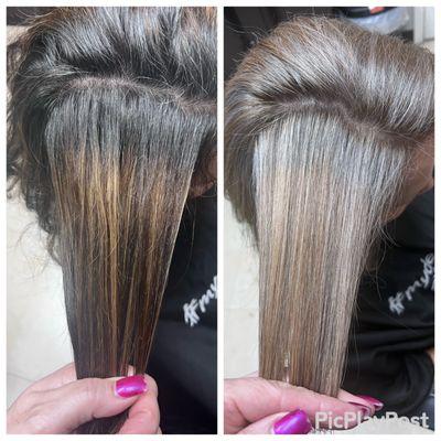 GREY BLENDING..  takes a few salon visits, but creates a softer grow out of grey to minimize maintenance and salon visits