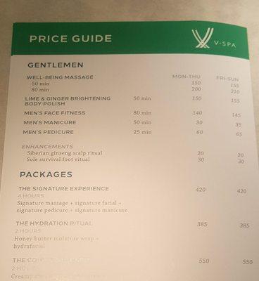 Pricing menu two. Men are welcome as well. Of course. Get pampered.