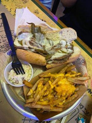 Cheese fries and steak sandwich