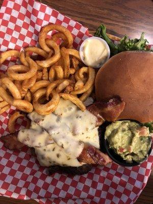 Boss's Burger with pepper jack cheese, bacon and guacamole! Comes with option of free cheese, and 2 free extra toppings.