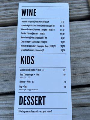 Wine & Kids Menu