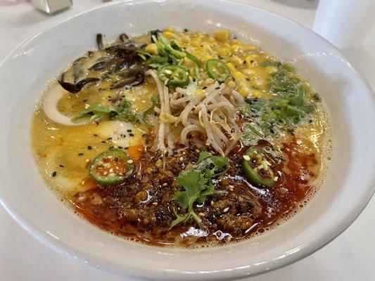 Jungle with Spicy Ground Pork and added Ajitama egg and Corn, $15 total