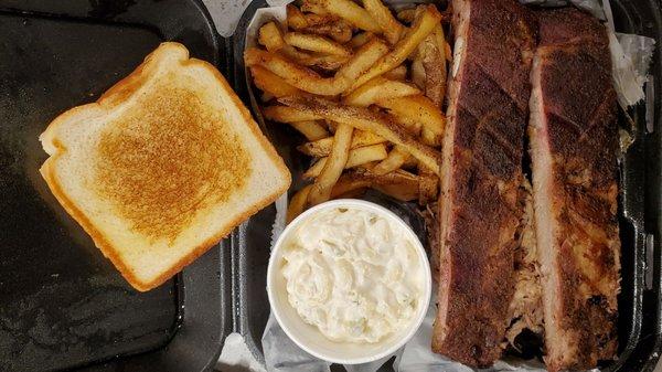 2 meat dinner - ribs, pulled pork, fries, macaroni salad