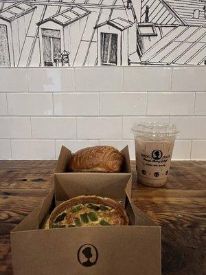 Quiche aux asperges (Asparagus and Swiss cheese), Chocopain, Iced Chai Latte (16 oz)