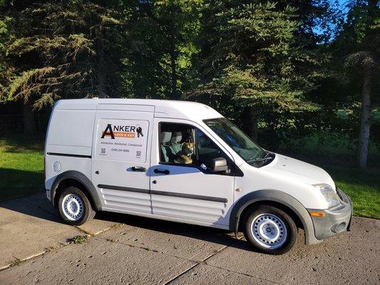 The work van and part-time co-pilot.