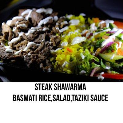 Steak shawarma,with basmati rice ,salad and Taziki sauce