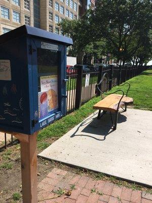 Little Free Library July 2019@ Lake Shore Park next to a donated bench in "Rachel's" name/memory.