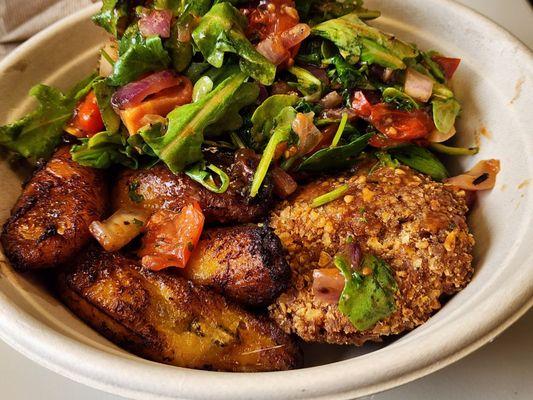 Plantain Crusted Chicken with fried ripe plantains