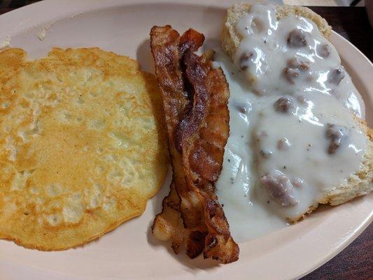 Pancake, bacon, biscuit and gravy