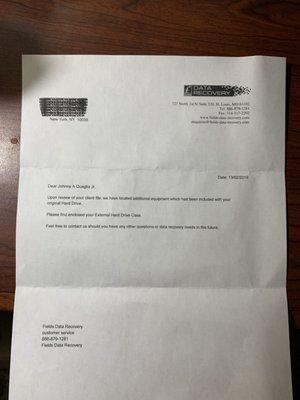 The letter that was sent to me with my Hard drive outer case.