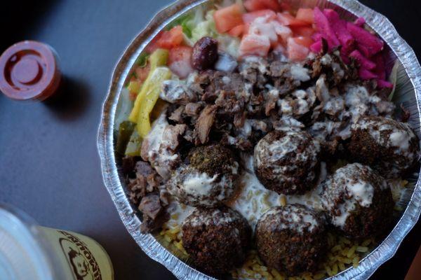 falafel plate with added lamb shawarma