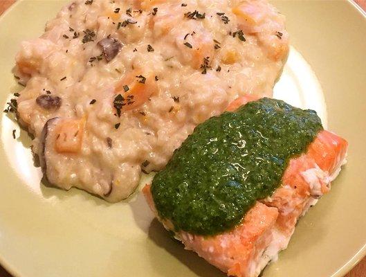 Butternut squash and Shiitake mushroom risotto mix with vegan cashew cream and baked salmon with vegan kale pesto