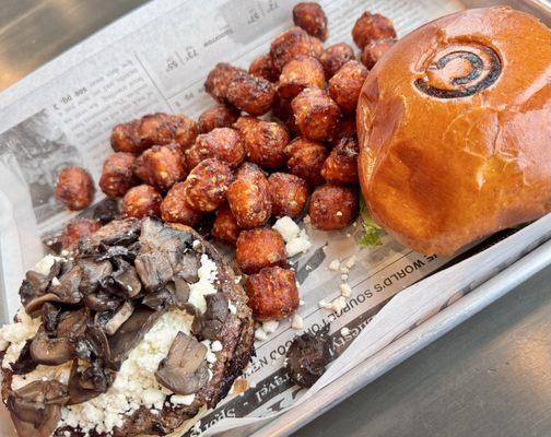 Magic mushroom burger and sweet potato tots