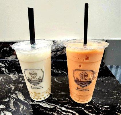 Lychee milk tea with lychee poppers on the left. Strawberry & Mango smoothie on the right.