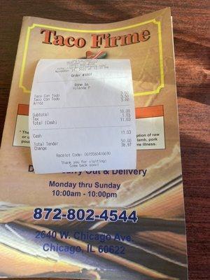 Receipt and sign in front says Yoli's Tacos, but the menu says Taco Firme?