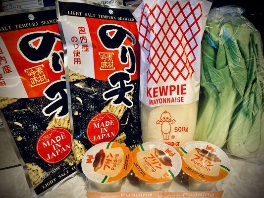 Tempura seaweed chips, Kewpie mayo, baby bok choy and some (viral) Japanese pudding cups