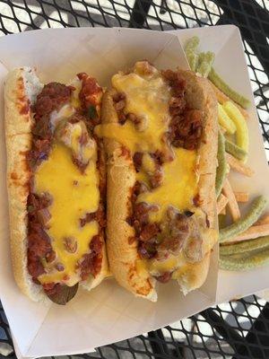 Vegan Hot Dogs with Vegan Cheese and Vegan Chili.