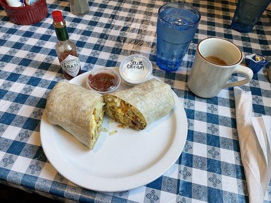 Breakfast burrito with good coffee.