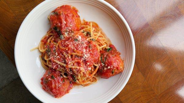 Spaghetti and Chicken Meatballs with marinara and fresh parm.