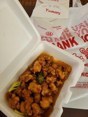 Their orange chicken had a spicy kick. I'm very sensitive to spice levels & could not finish it. With milk, would've enjoyed it much more!