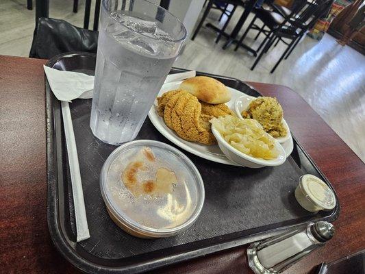 Catfish, Dressing, Cabbage and Peach Cobbler.