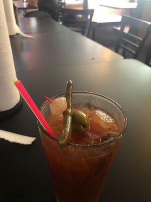 Jake's delicious Bloody Mary. Spiced to taste. Yummy.