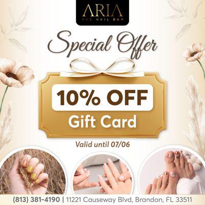 SPECIAL OFFER
10% OFF Gift Card
Valid until 07/06

Time to show some love with our special 10% OFF GIFT CARD at Aria Nail Bar!