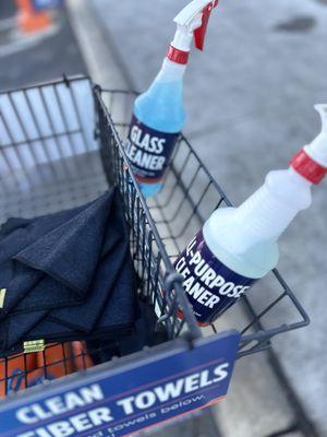 Glass cleaner, all-purpose cleaner, and microfiber towels.