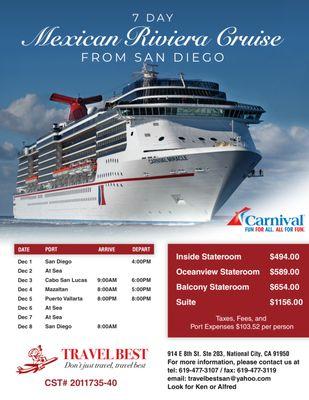 7 day, MEXICAN RIVIERA CRUISE on Carnival Miracle, Round trip San Diego, from December 1-8!