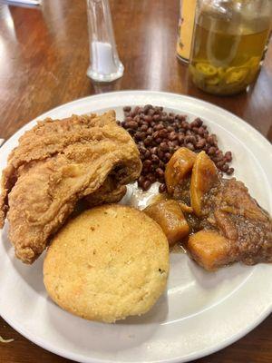 Fried chicken breast, sweet potatoes, crowder peas, cornbread