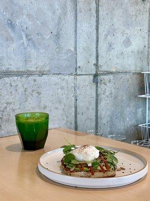 Avocado toast with poached egg, coffee