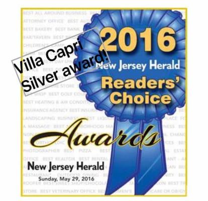 Villa Capri voted "Silver" for both "Best Pizza" and "Best Italian Restaurant"