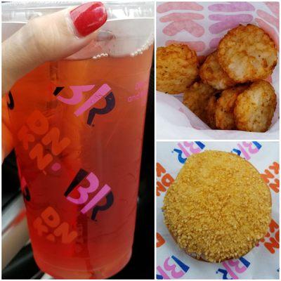 Medium Strawberry Dragonfruit Refresher, Hash Browns & Apple Crumb Donut!