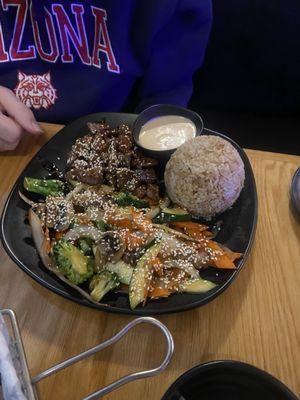 Hibachi plate, steak and fried rice.