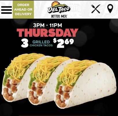 Thursday deal! 3 grilled chicken tacos for under $3!