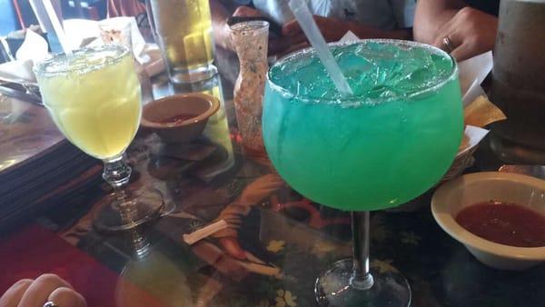 Small margarita on right & medium blue on the left! Large is like a fish bowl! Taste great! Very well priced!